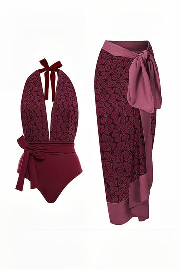 Halter Neck Green One Piece badetøy med strandskjørt